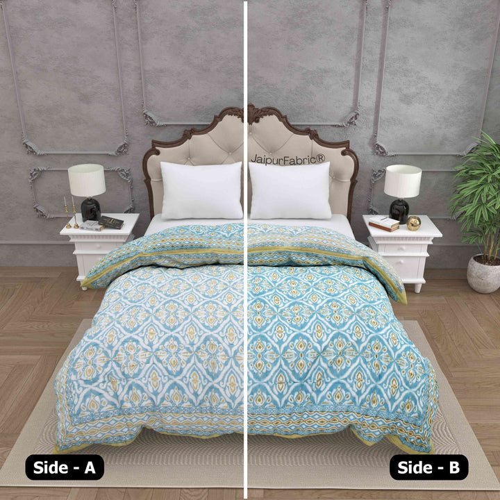 Turquoise Medallion Reversible Double Bed Quilt Rajai with Ornate Geometric Charms Design