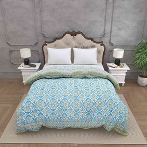 Turquoise Medallion Reversible Double Bed Quilt Rajai with Ornate Geometric Charms Design