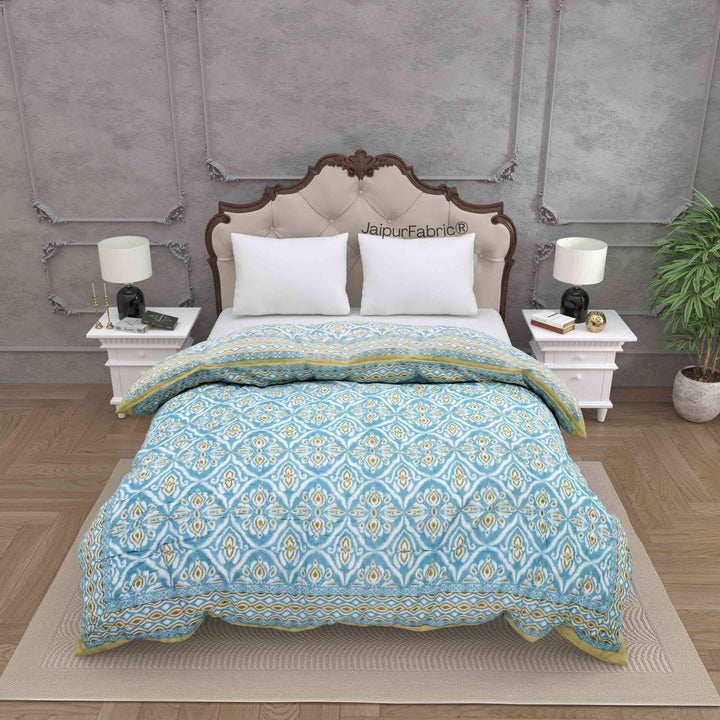 Turquoise Medallion Reversible Double Bed Quilt Rajai with Ornate Geometric Charms Design