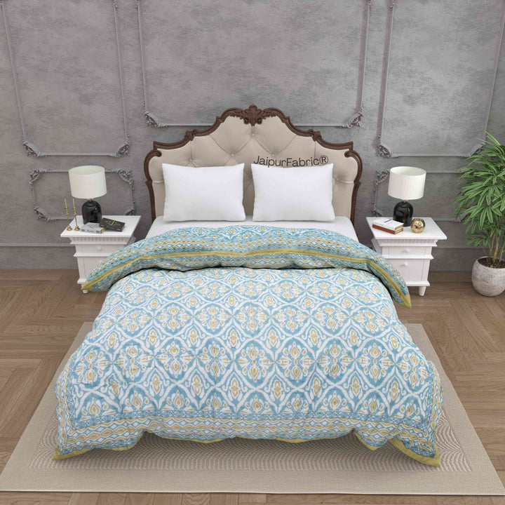 Turquoise Medallion Reversible Double Bed Quilt Rajai with Ornate Geometric Charms Design