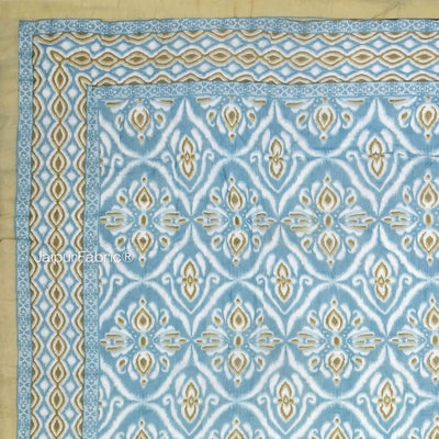 Turquoise Medallion Reversible Double Bed Quilt Rajai with Ornate Geometric Charms Design