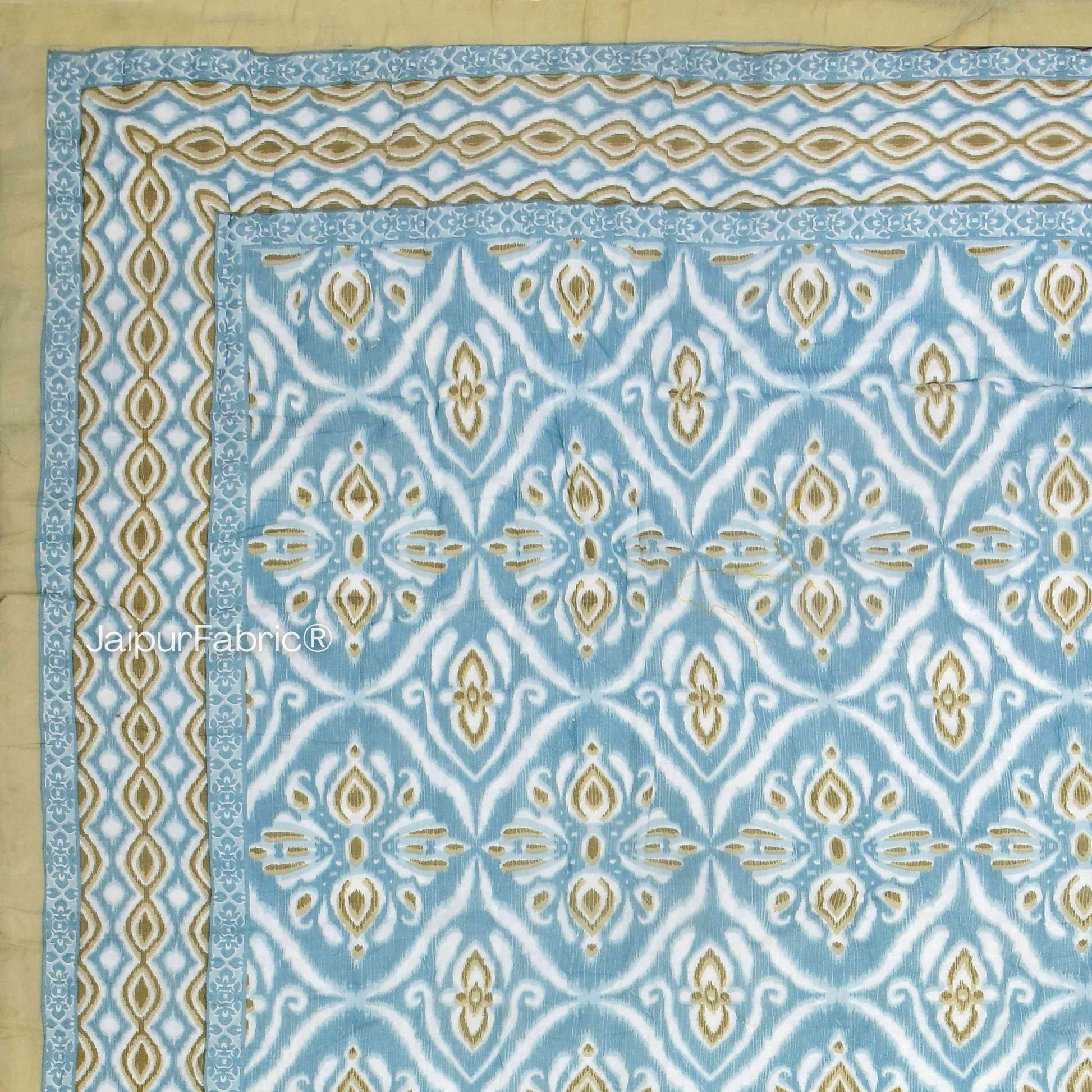 Turquoise Medallion Reversible Double Bed Quilt Rajai with Ornate Geometric Charms Design