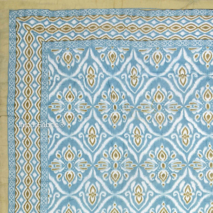 Turquoise Medallion Reversible Double Bed Quilt Rajai with Ornate Geometric Charms Design