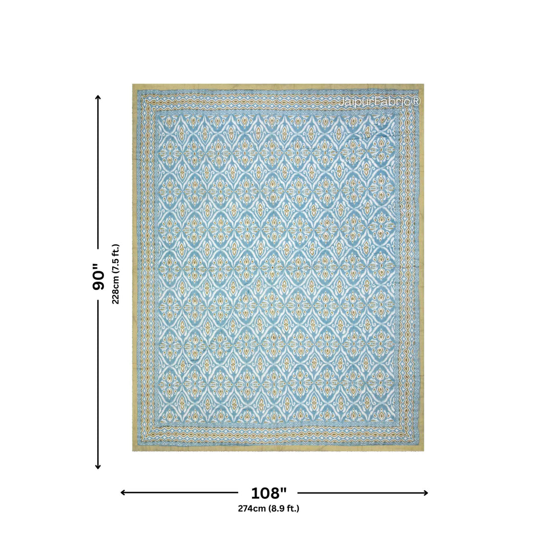 Turquoise Medallion Reversible Double Bed Quilt Rajai with Ornate Geometric Charms Design