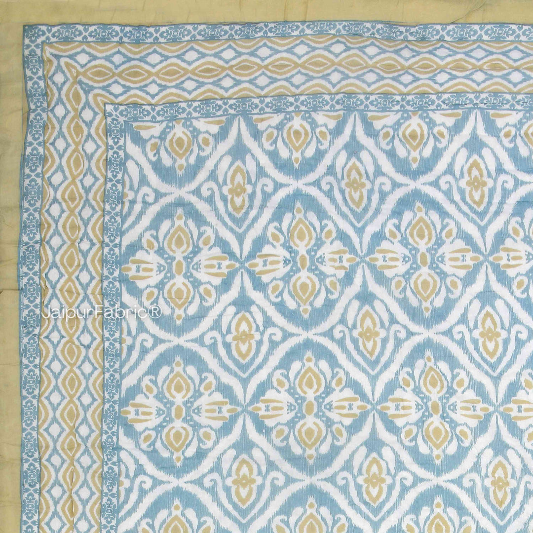 Turquoise Medallion Reversible Double Bed Quilt Rajai with Ornate Geometric Charms Design