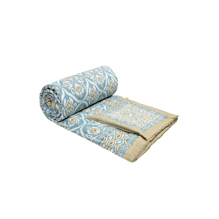 Turquoise Medallion Reversible Double Bed Quilt Rajai with Ornate Geometric Charms Design