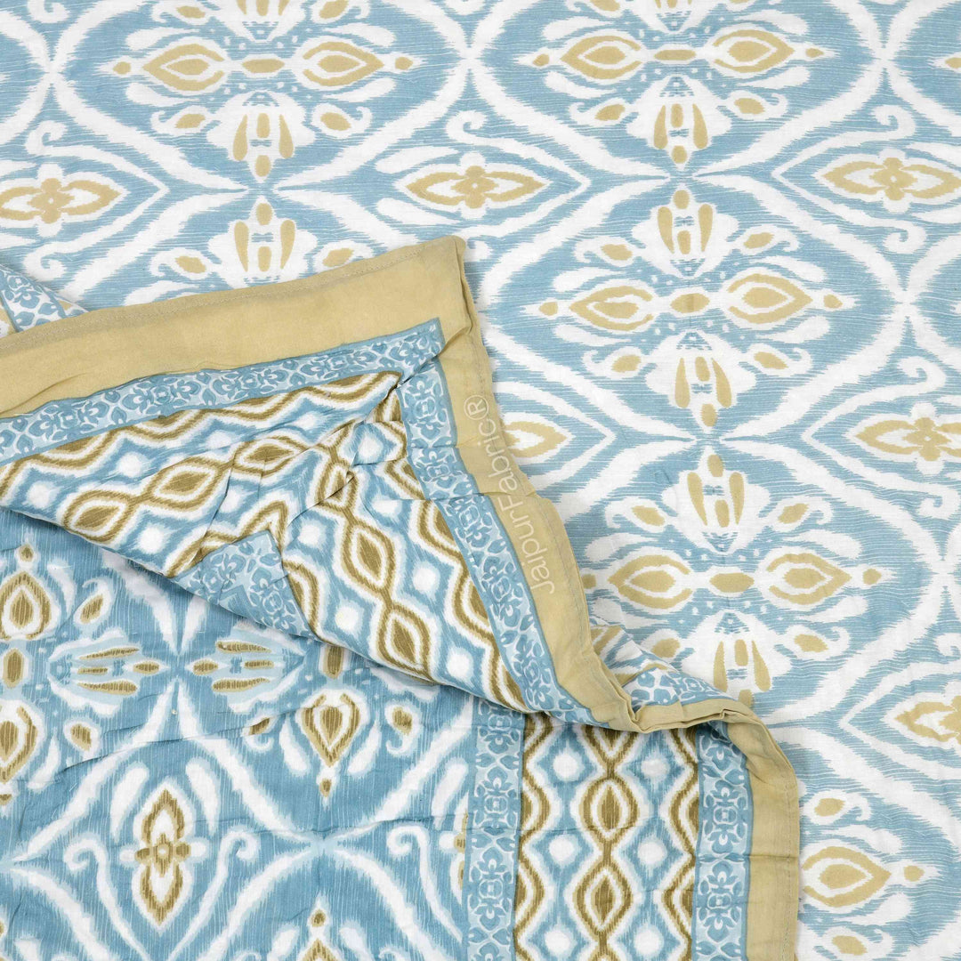 Turquoise Medallion Reversible Double Bed Quilt Rajai with Ornate Geometric Charms Design