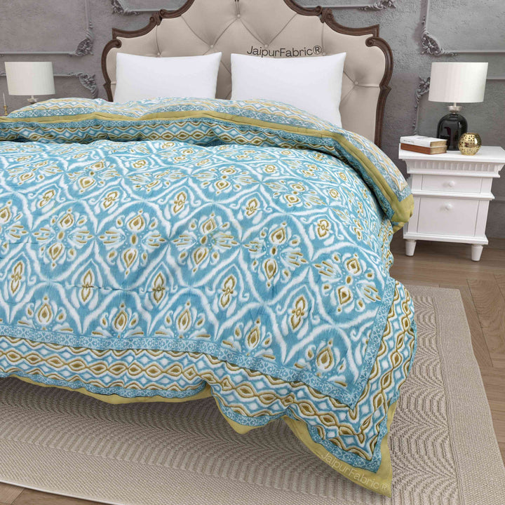 Turquoise Medallion Reversible Double Bed Quilt Rajai with Ornate Geometric Charms Design