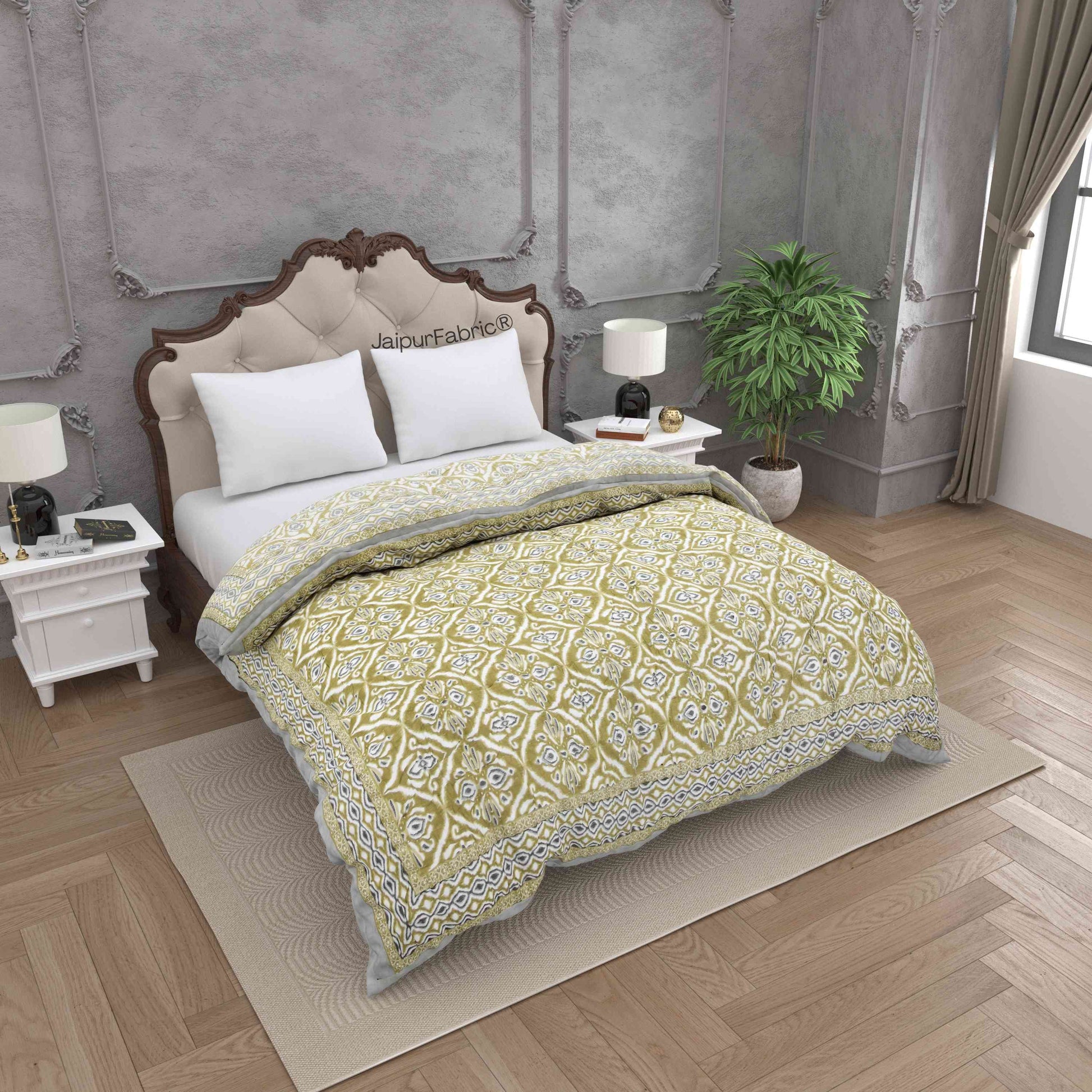Saffron Splendor Reversible Double Bed Quilt Rajai with Ornate Geometric Charms Design