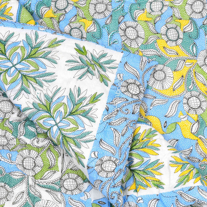 Tropical Dreamscape Blue & Green with Lush Floral Patterns Reversible Quilt Double Bed Rajai