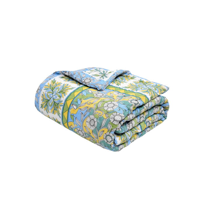 Tropical Dreamscape Blue & Green with Lush Floral Patterns Reversible Quilt Double Bed Rajai