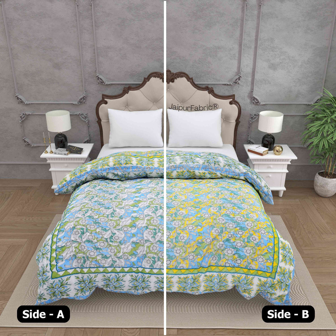 Tropical Dreamscape Blue & Green with Lush Floral Patterns Reversible Quilt Double Bed Rajai