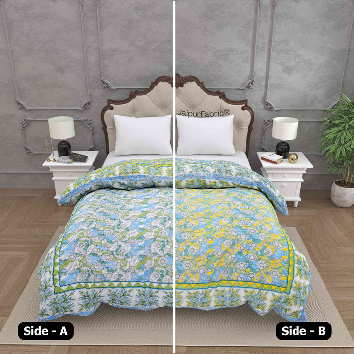 Tropical Dreamscape Blue & Green with Lush Floral Patterns Reversible Quilt Double Bed Rajai