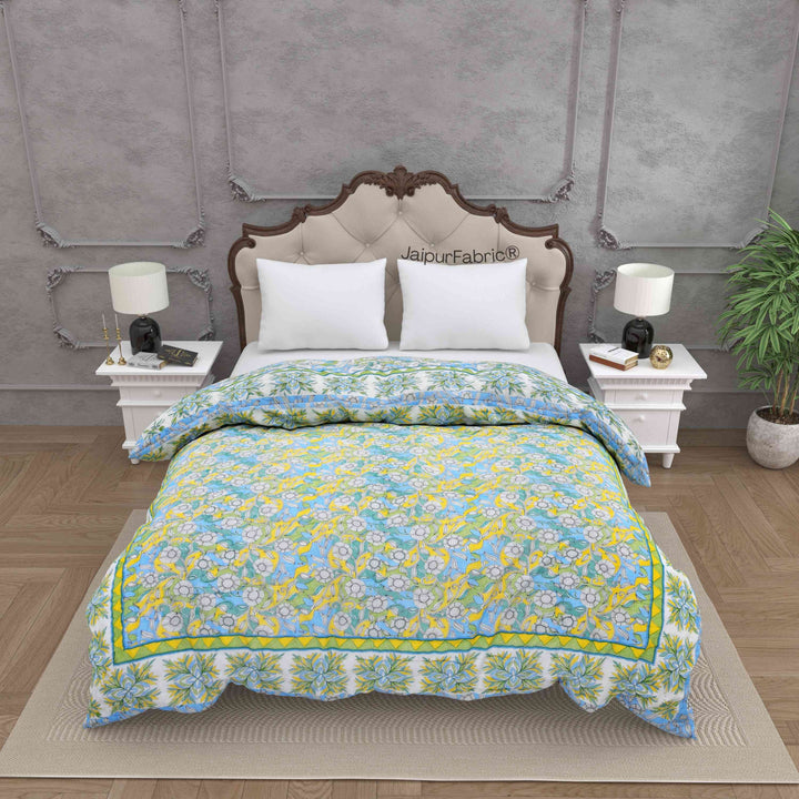 Tropical Dreamscape Blue & Green with Lush Floral Patterns Reversible Quilt Double Bed Rajai