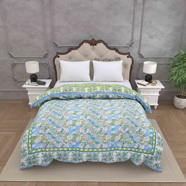 Tropical Dreamscape Blue & Green with Lush Floral Patterns Reversible Quilt Double Bed Rajai