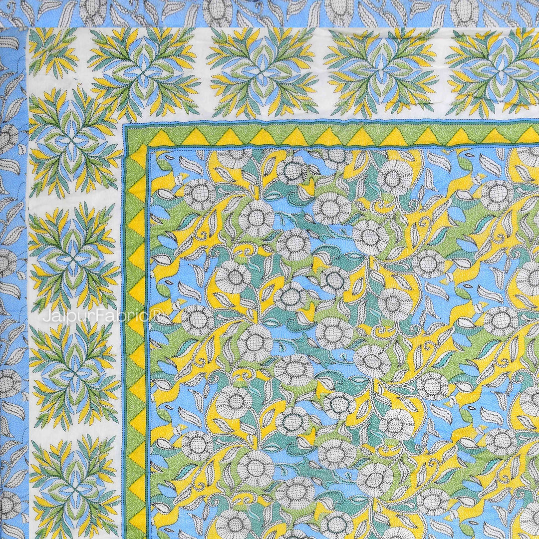 Tropical Dreamscape Blue & Green with Lush Floral Patterns Reversible Quilt Double Bed Rajai