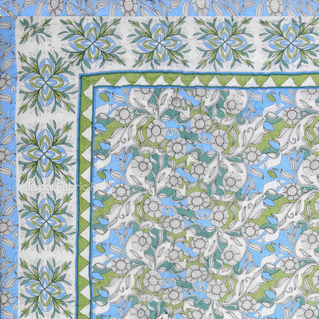 Tropical Dreamscape Blue & Green with Lush Floral Patterns Reversible Quilt Double Bed Rajai