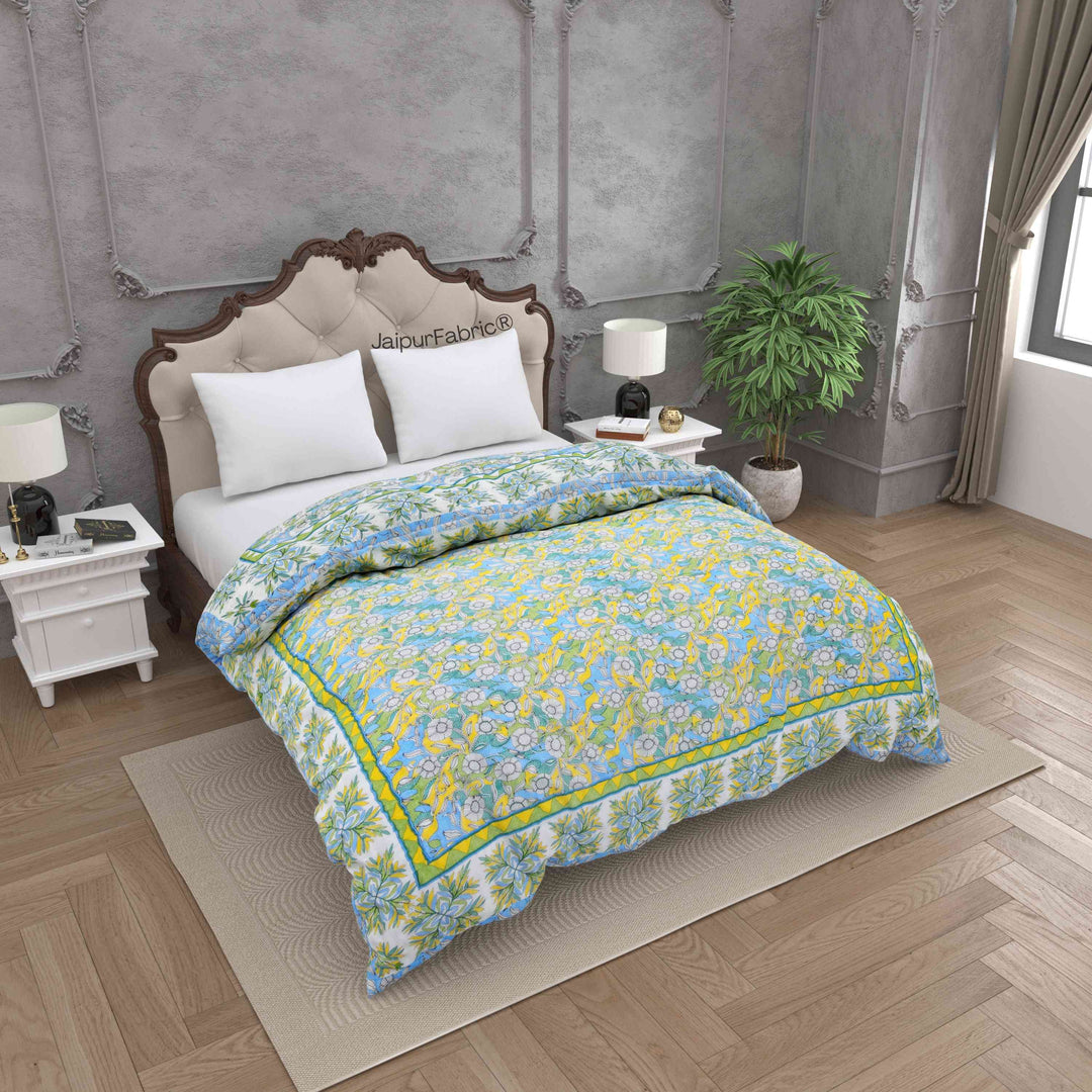 Tropical Dreamscape Blue & Green with Lush Floral Patterns Reversible Quilt Double Bed Rajai