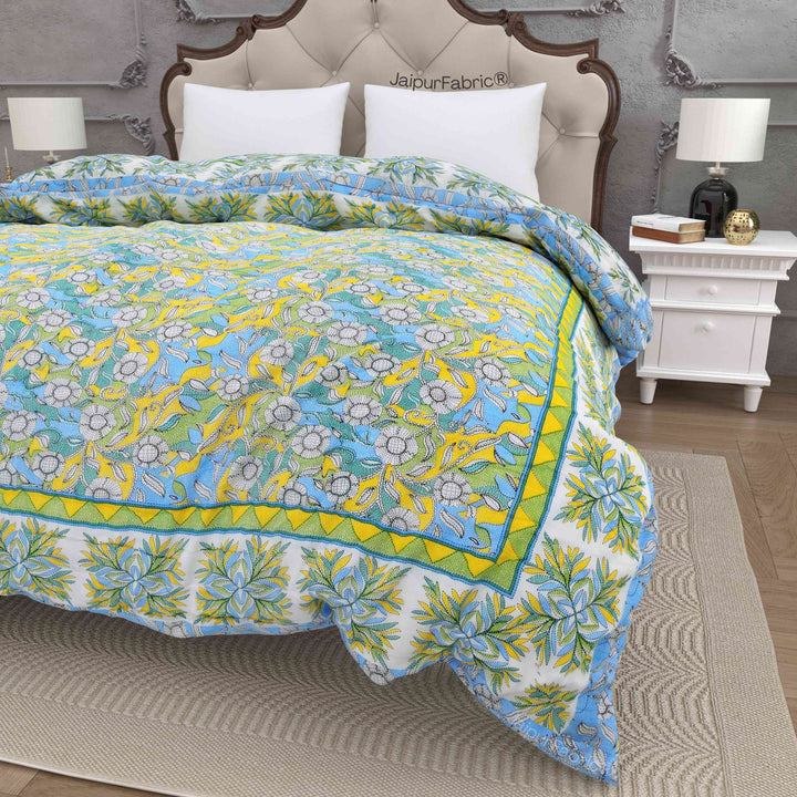 Tropical Dreamscape Blue & Green with Lush Floral Patterns Reversible Quilt Double Bed Rajai