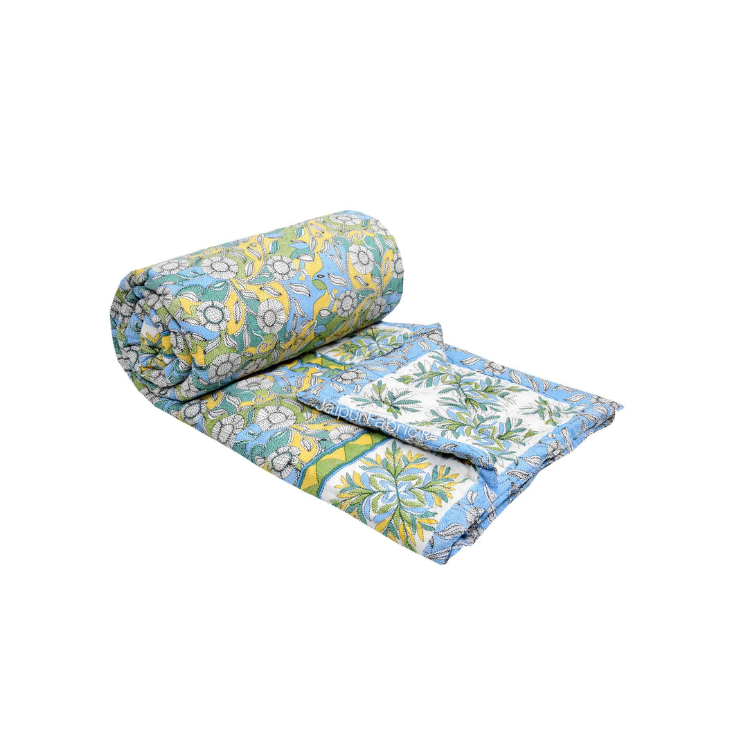 Tropical Dreamscape Blue & Green with Lush Floral Patterns Reversible Quilt Double Bed Rajai