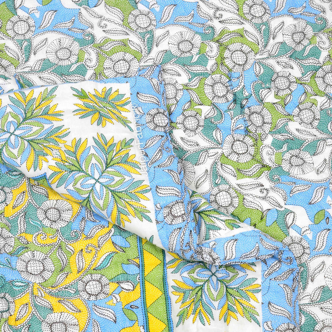 Tropical Dreamscape Blue & Green with Lush Floral Patterns Reversible Quilt Double Bed Rajai