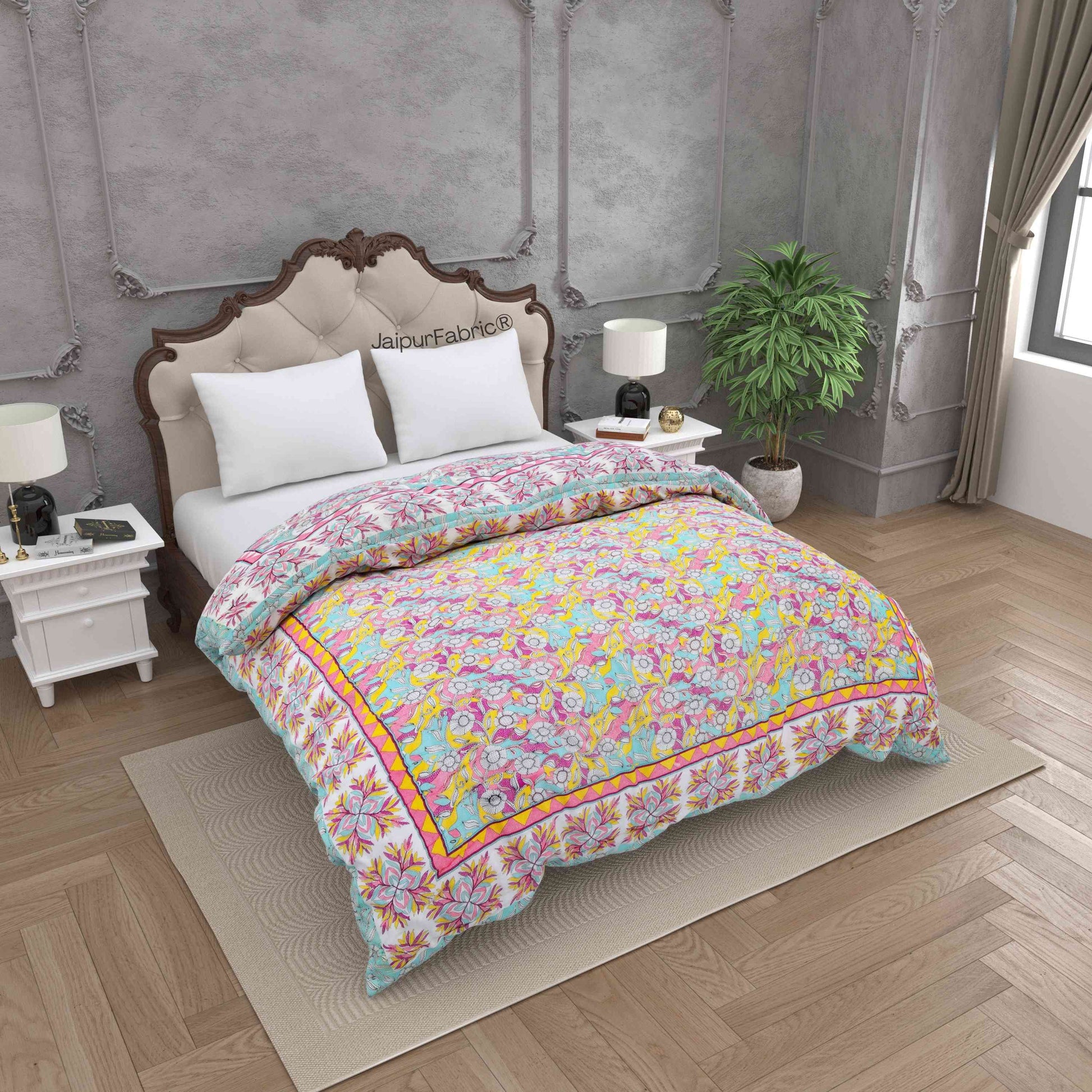 Tropical Dreamscape Colorful Lush Floral Patterns Reversible Quilt Double Bed Rajai