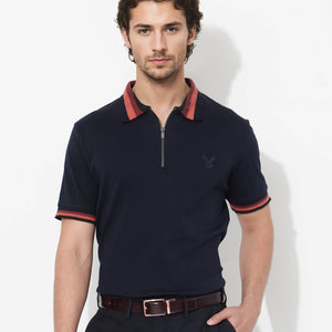 Rare Rabbit Men's Drax Navy Cotton Fabric Short Sleeves Collared Neck Plain Knit Polo