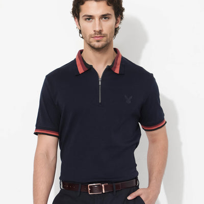 Rare Rabbit Men's Drax Navy Cotton Fabric Short Sleeves Collared Neck Plain Knit Polo