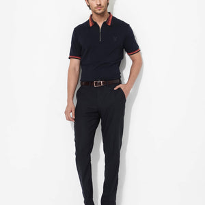 Rare Rabbit Men's Drax Navy Cotton Fabric Short Sleeves Collared Neck Plain Knit Polo