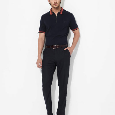 Rare Rabbit Men's Drax Navy Cotton Fabric Short Sleeves Collared Neck Plain Knit Polo