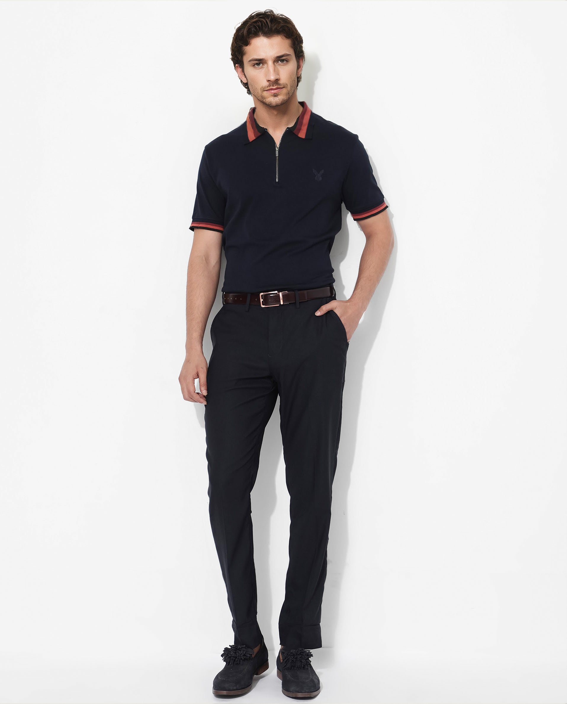 Rare Rabbit Men's Drax Navy Cotton Fabric Short Sleeves Collared Neck Plain Knit Polo