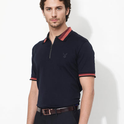 Rare Rabbit Men's Drax Navy Cotton Fabric Short Sleeves Collared Neck Plain Knit Polo