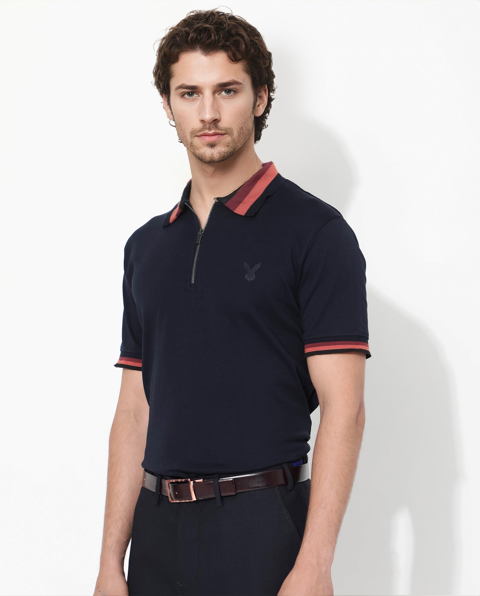 Rare Rabbit Men's Drax Navy Cotton Fabric Short Sleeves Collared Neck Plain Knit Polo