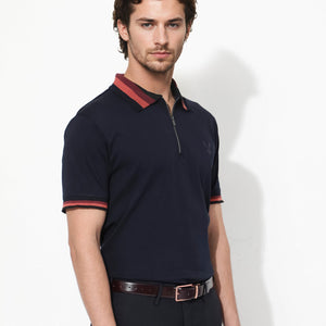 Rare Rabbit Men's Drax Navy Cotton Fabric Short Sleeves Collared Neck Plain Knit Polo