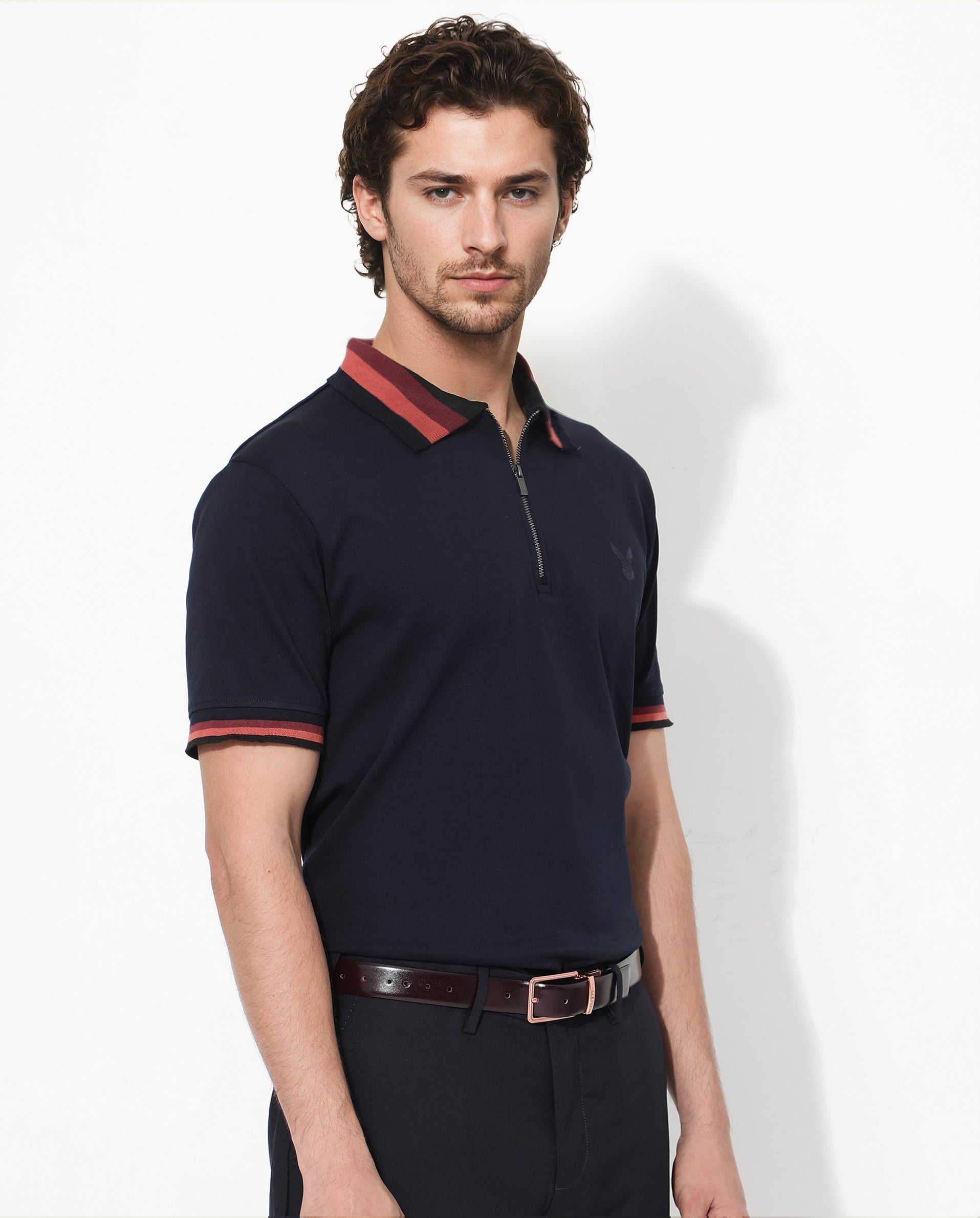 Rare Rabbit Men's Drax Navy Cotton Fabric Short Sleeves Collared Neck Plain Knit Polo