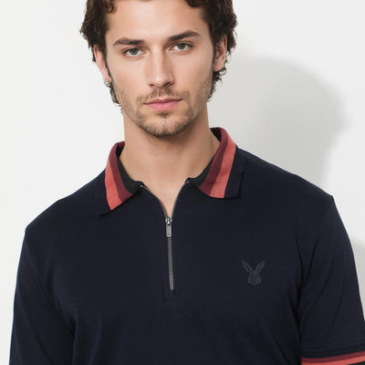 Rare Rabbit Men's Drax Navy Cotton Fabric Short Sleeves Collared Neck Plain Knit Polo