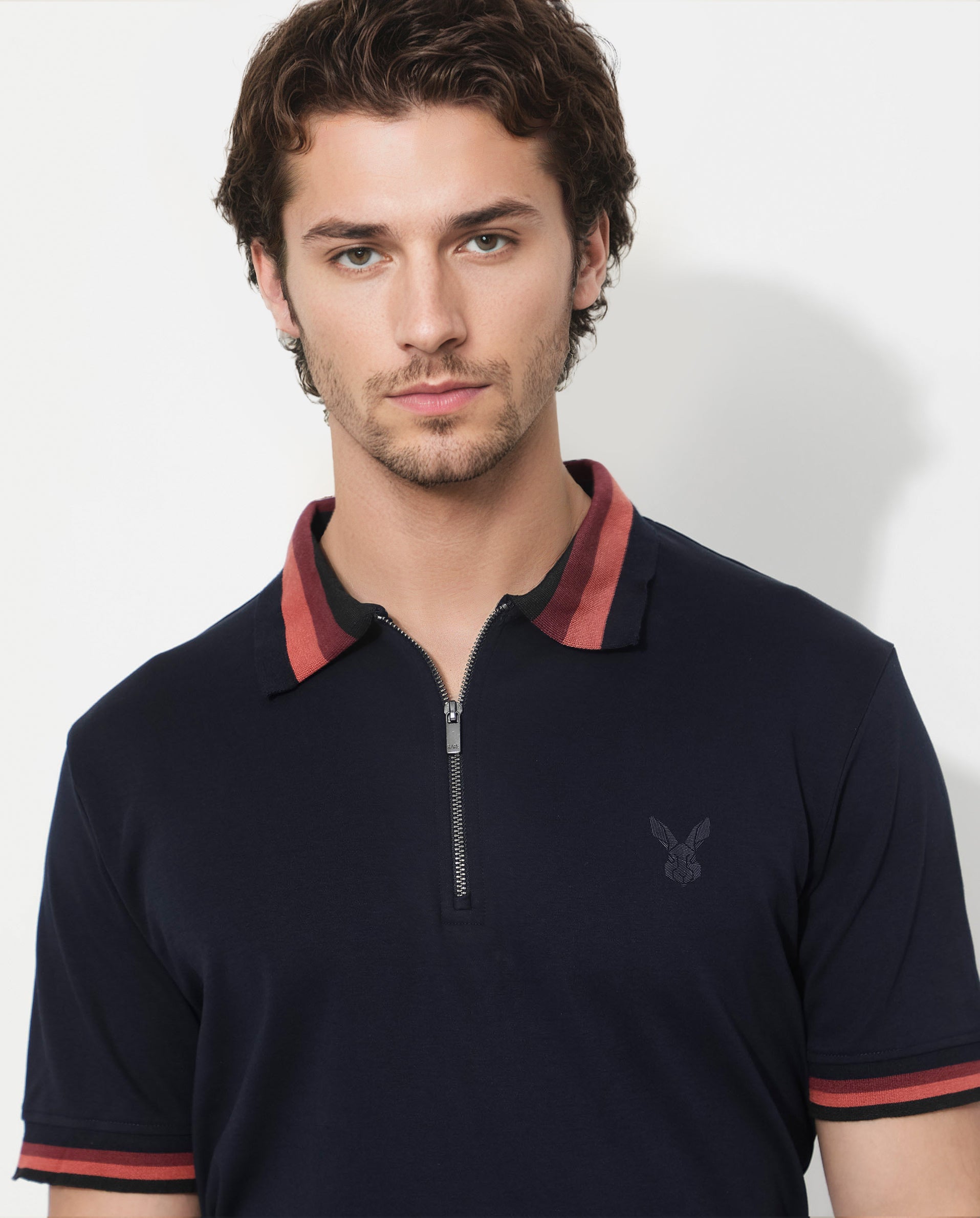 Rare Rabbit Men's Drax Navy Cotton Fabric Short Sleeves Collared Neck Plain Knit Polo