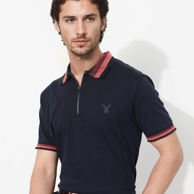 Rare Rabbit Men's Drax Navy Cotton Fabric Short Sleeves Collared Neck Plain Knit Polo
