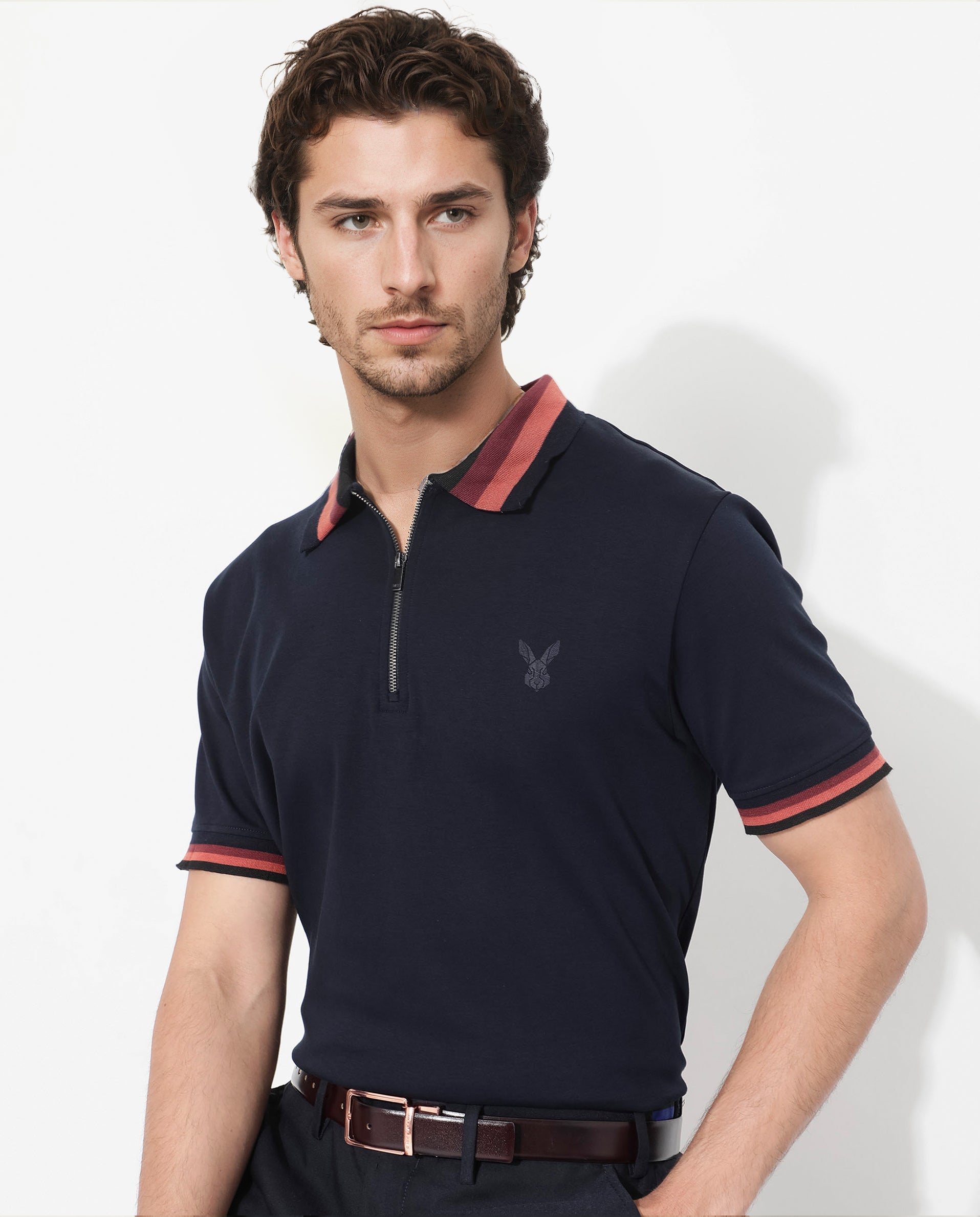 Rare Rabbit Men's Drax Navy Cotton Fabric Short Sleeves Collared Neck Plain Knit Polo