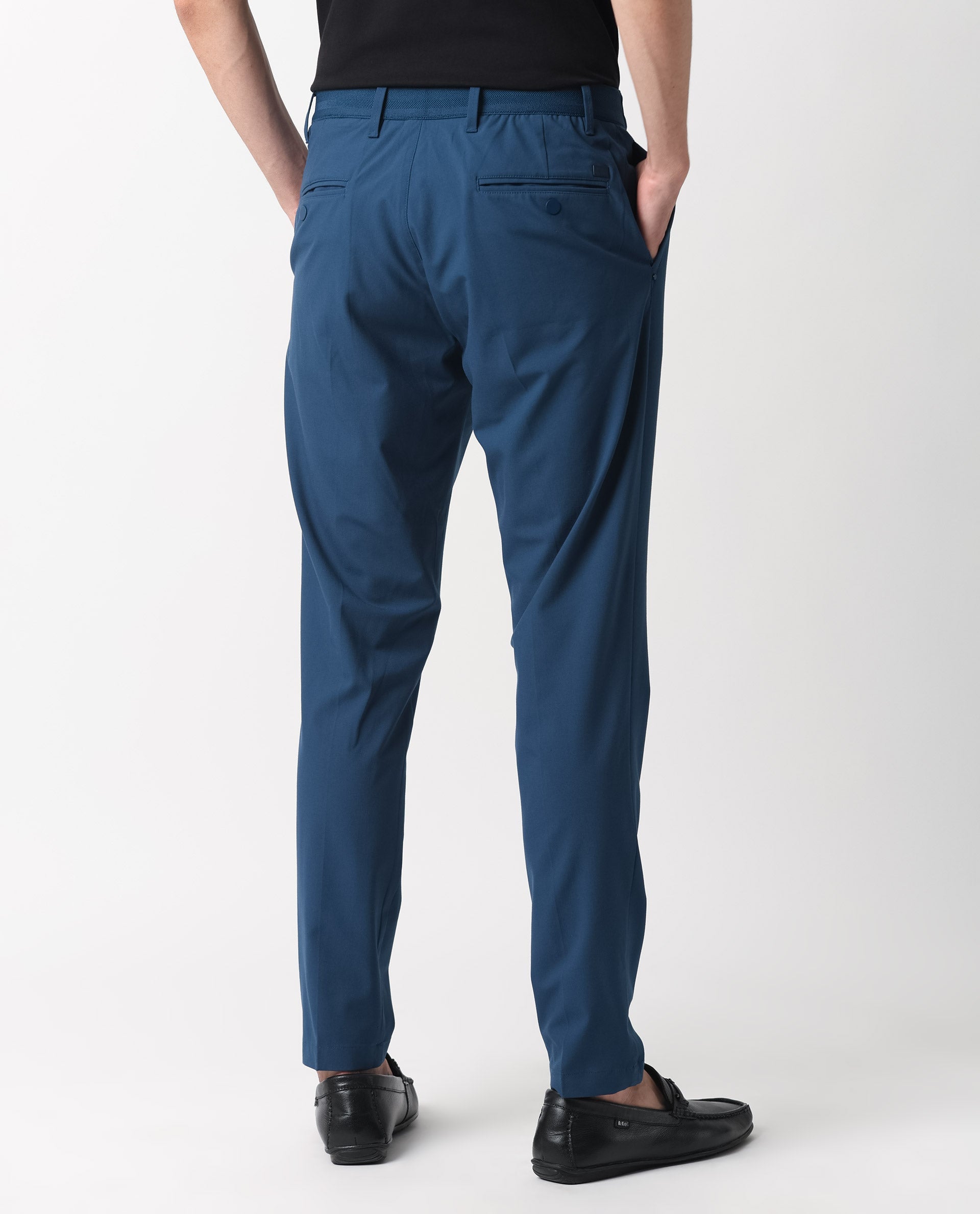 Rare Rabbit Men's Drivers Dark Blue Mid-Rise Bi-Stretch With Elastic Waistband Regular Fit Trouser