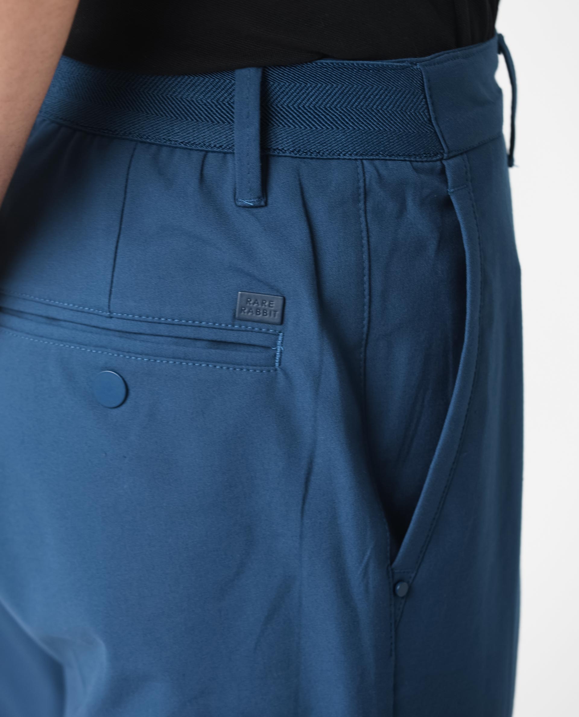 Rare Rabbit Men's Drivers Dark Blue Mid-Rise Bi-Stretch With Elastic Waistband Regular Fit Trouser