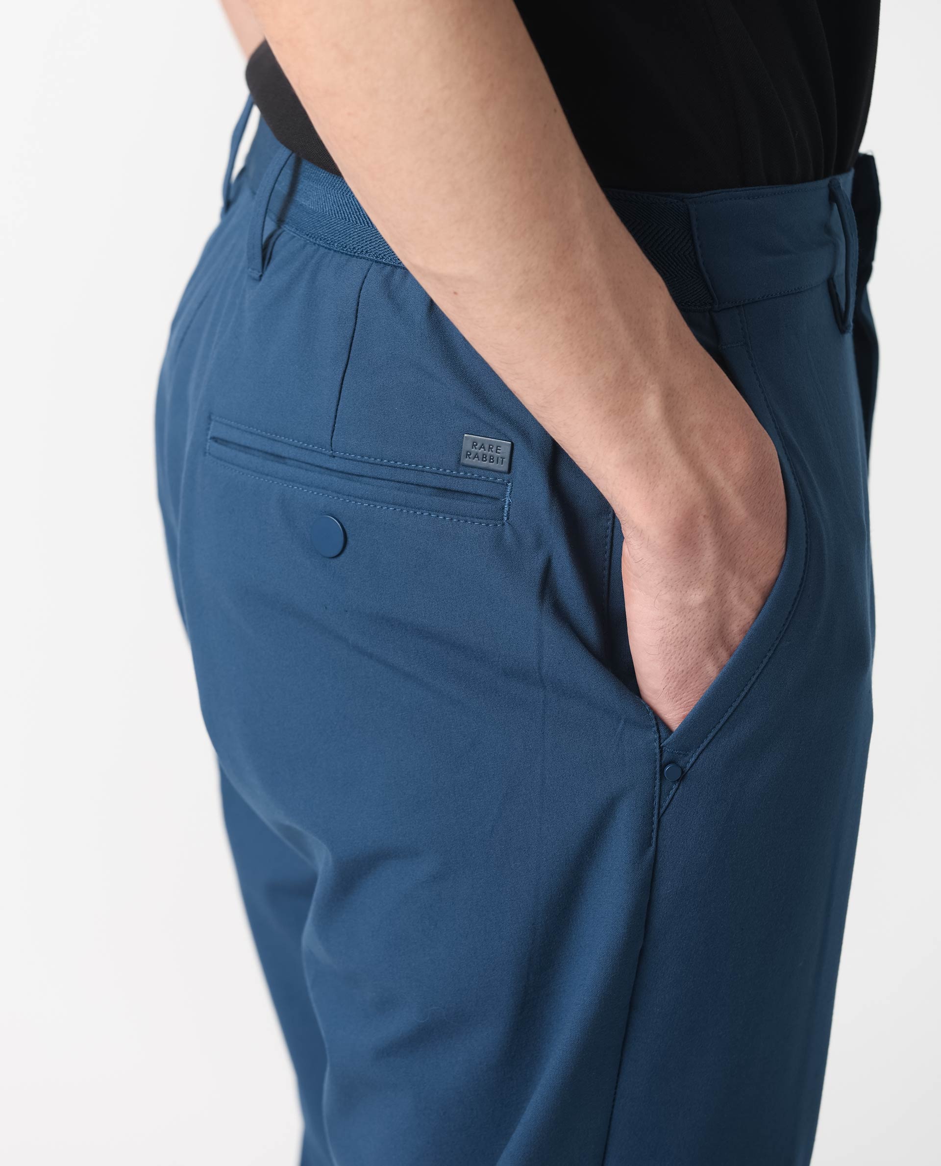 Rare Rabbit Men's Drivers Dark Blue Mid-Rise Bi-Stretch With Elastic Waistband Regular Fit Trouser
