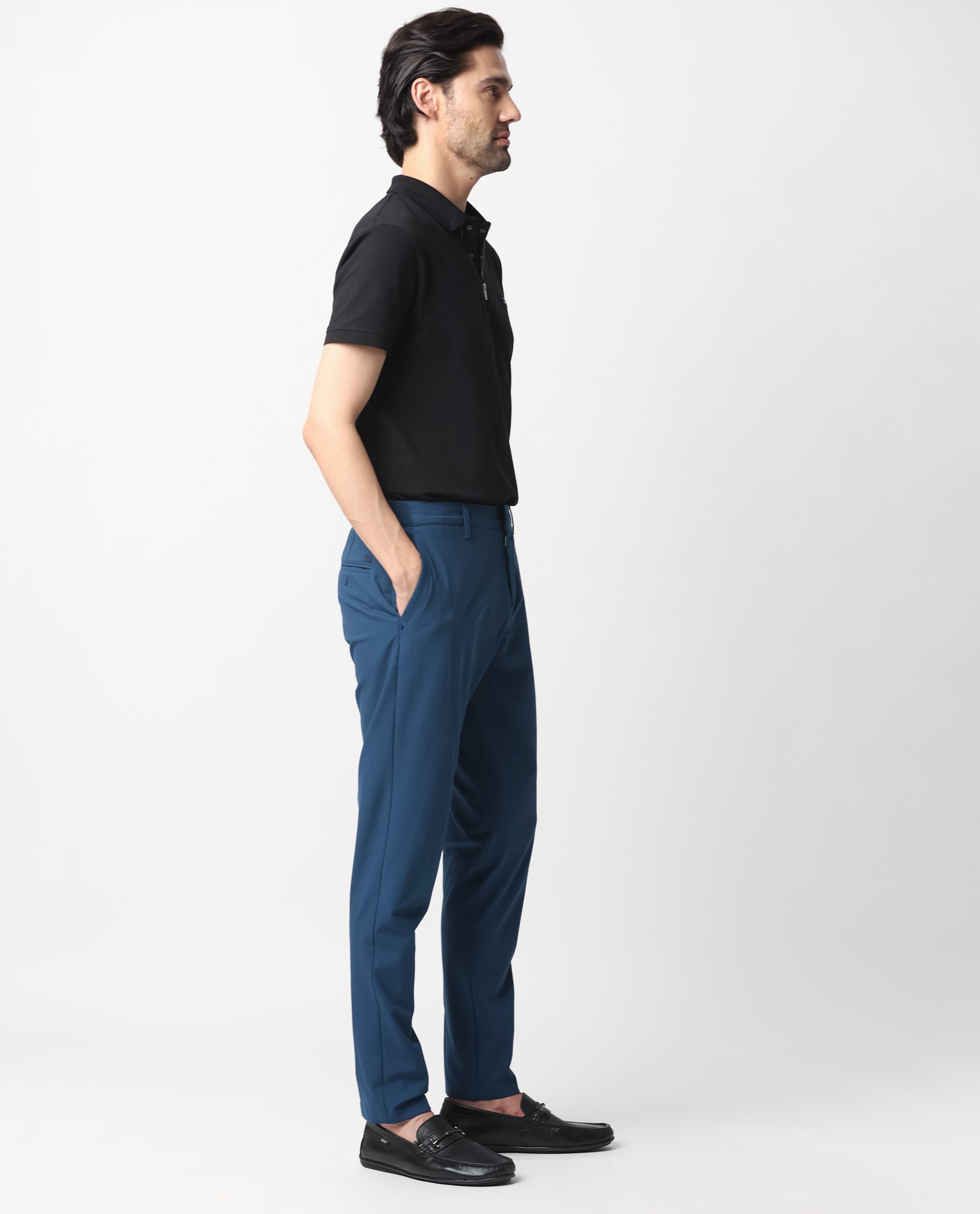 Rare Rabbit Men's Drivers Dark Blue Mid-Rise Bi-Stretch With Elastic Waistband Regular Fit Trouser