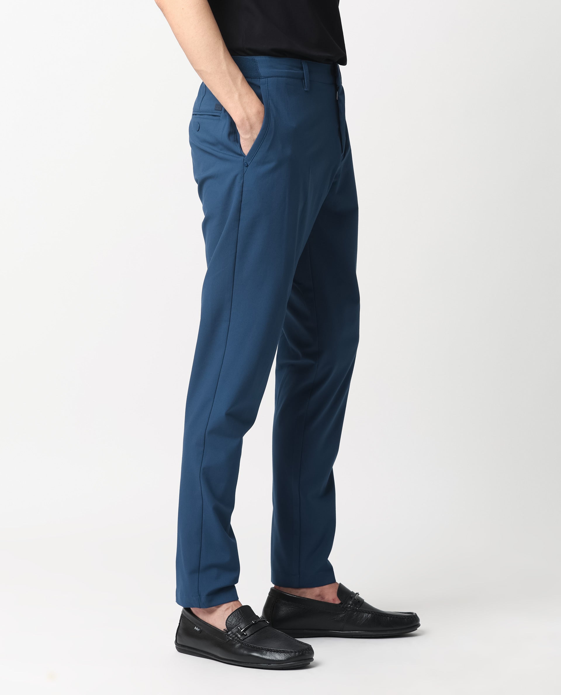 Rare Rabbit Men's Drivers Dark Blue Mid-Rise Bi-Stretch With Elastic Waistband Regular Fit Trouser