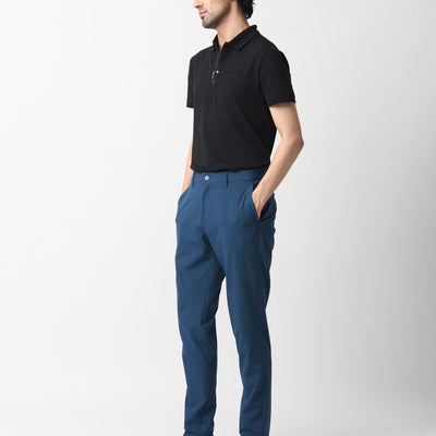 Rare Rabbit Men's Drivers Dark Blue Mid-Rise Bi-Stretch With Elastic Waistband Regular Fit Trouser
