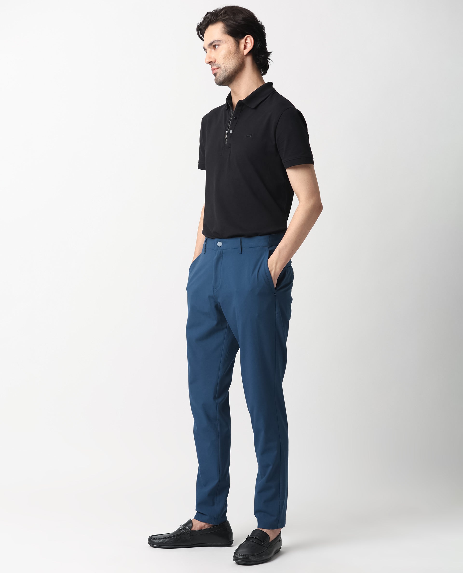Rare Rabbit Men's Drivers Dark Blue Mid-Rise Bi-Stretch With Elastic Waistband Regular Fit Trouser