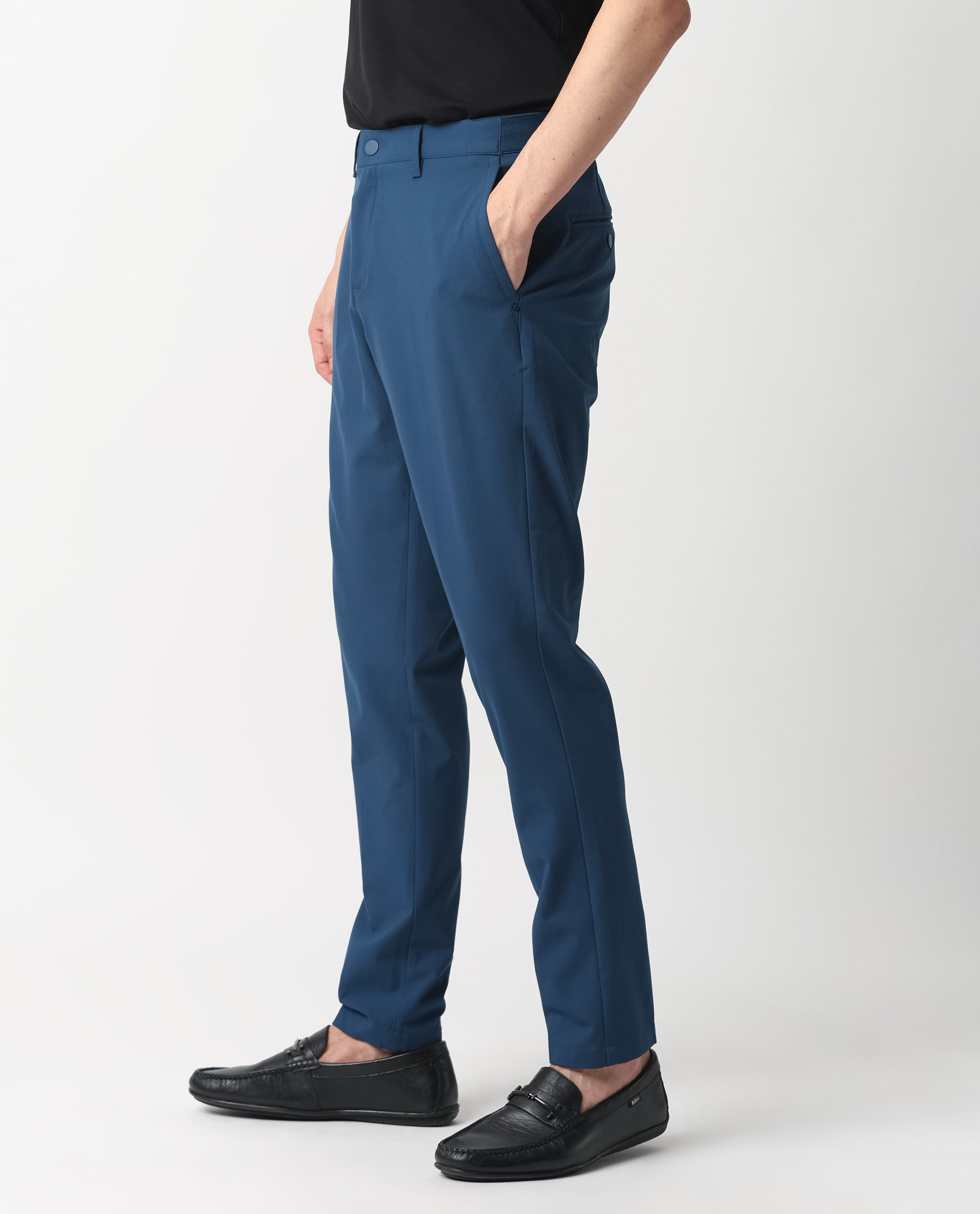 Rare Rabbit Men's Drivers Dark Blue Mid-Rise Bi-Stretch With Elastic Waistband Regular Fit Trouser