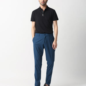 Rare Rabbit Men's Drivers Dark Blue Mid-Rise Bi-Stretch With Elastic Waistband Regular Fit Trouser