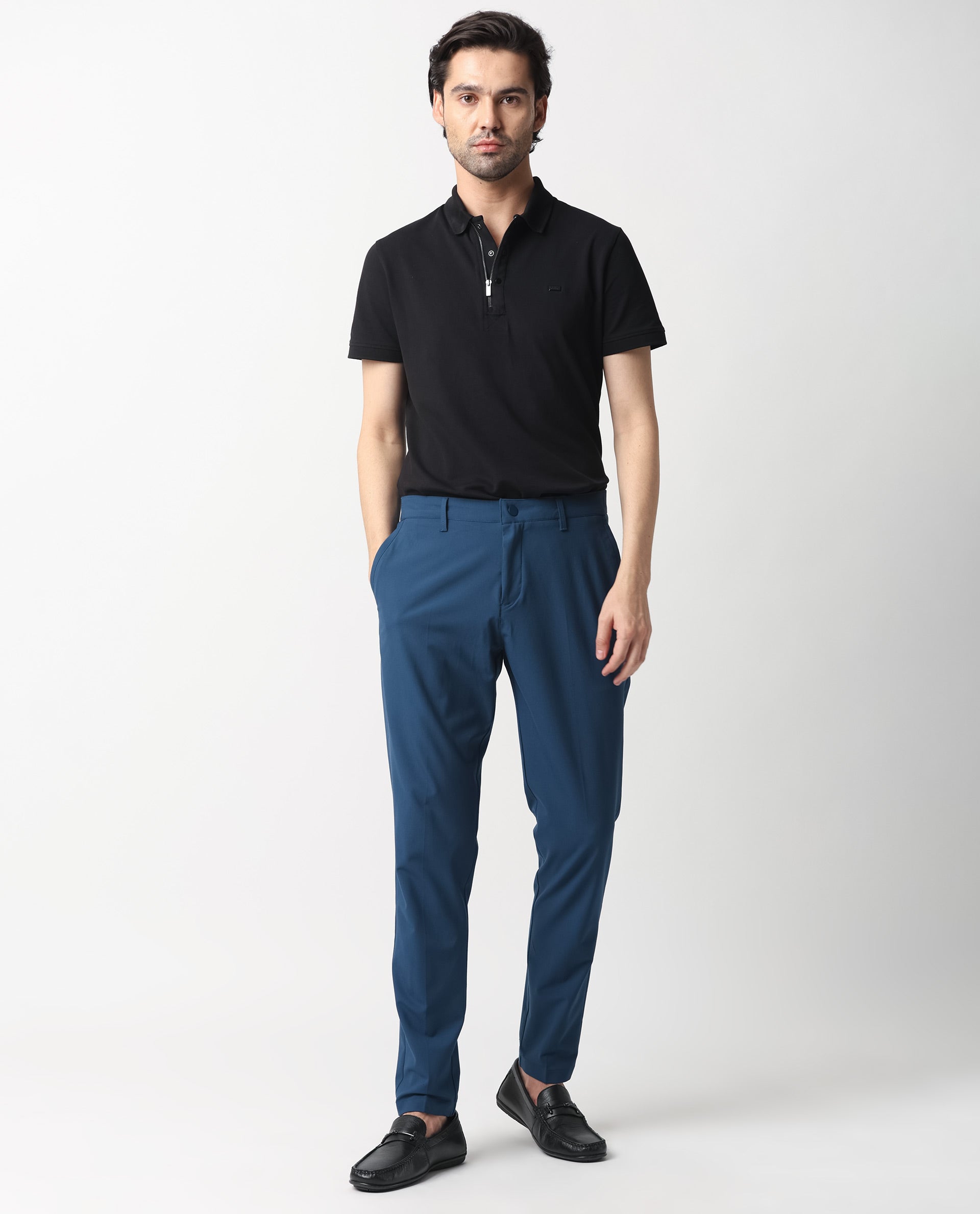 Rare Rabbit Men's Drivers Dark Blue Mid-Rise Bi-Stretch With Elastic Waistband Regular Fit Trouser