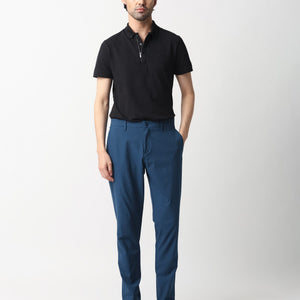 Rare Rabbit Men's Drivers Dark Blue Mid-Rise Bi-Stretch With Elastic Waistband Regular Fit Trouser